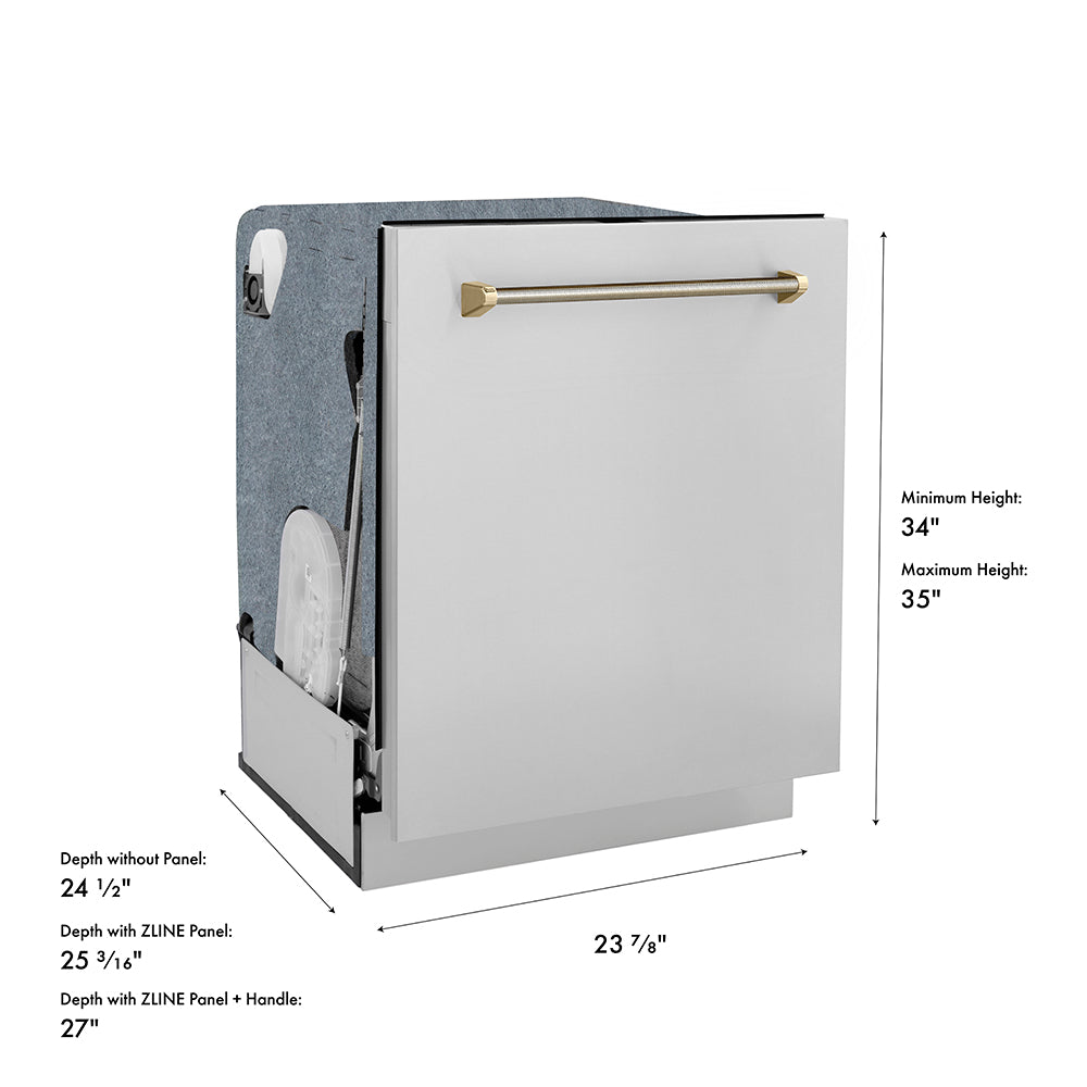 ZLINE Autograph Edition 24 in. Monument Series 3rd Rack Dishwasher with Auto Door Open Drying, 44dBa, Stainless Steel Panel with Polished Gold Helix Handle (DWMTZ-30424-KG) with dimensions labeled.