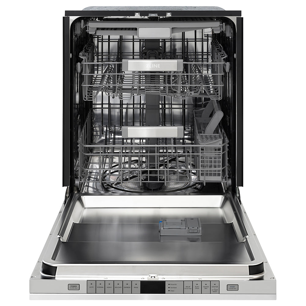 ZLINE Autograph Edition 24 in. Monument Series 3rd Rack Dishwasher with Auto Door Open Drying, 44dBa, Stainless Steel Panel with Polished Gold Helix Handle (DWMTZ-30424-KG), front, open.