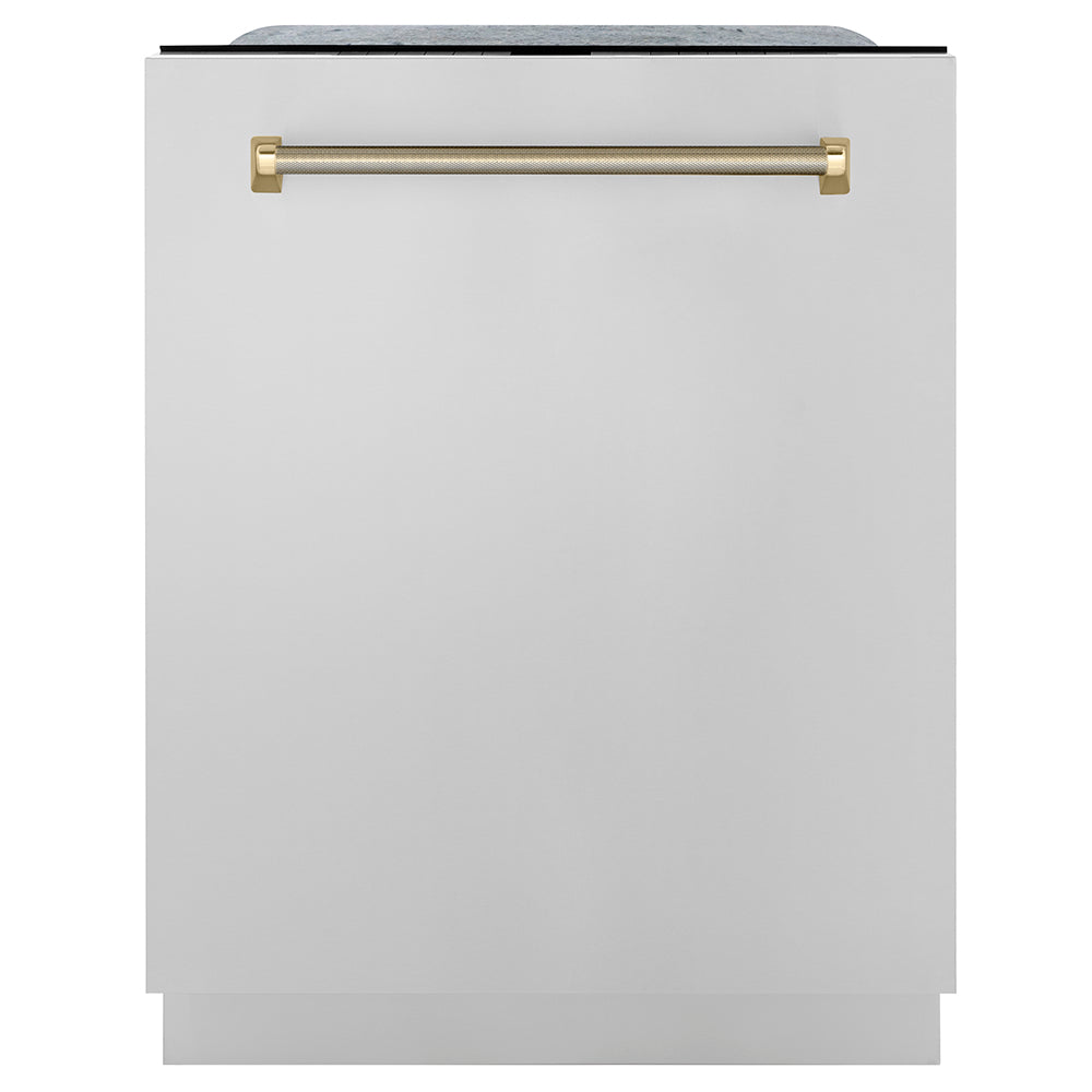 ZLINE Autograph Edition 24 in. Monument Series 3rd Rack Dishwasher with Auto Door Open Drying, 44dBa, Stainless Steel Panel with Polished Gold Helix Handle (DWMTZ-30424-KG) main image.