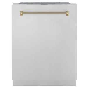 ZLINE Autograph Edition 24 in. Monument Series 3rd Rack Dishwasher with Auto Door Open Drying, 44dBa, Stainless Steel Panel with Polished Gold Helix Handle (DWMTZ-30424-KG) main image.
