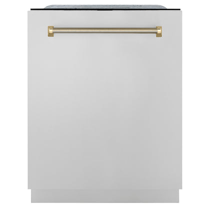 ZLINE Autograph Edition 24 in. Monument Series 3rd Rack Dishwasher with Auto Door Open Drying, 44dBa, Stainless Steel Panel with Polished Gold Helix Handle (DWMTZ-30424-KG) main image.