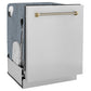 ZLINE Autograph Edition 24 in. Monument Series 3rd Rack Dishwasher with Auto Door Open Drying, 44dBa, Stainless Steel Panel with Polished Gold Helix Handle (DWMTZ-30424-KG), side.