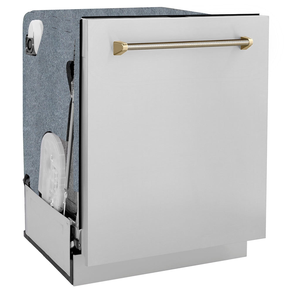 ZLINE Autograph Edition 24 in. Monument Series 3rd Rack Dishwasher with Auto Door Open Drying, 44dBa, Stainless Steel Panel with Polished Gold Helix Handle (DWMTZ-30424-KG), side.