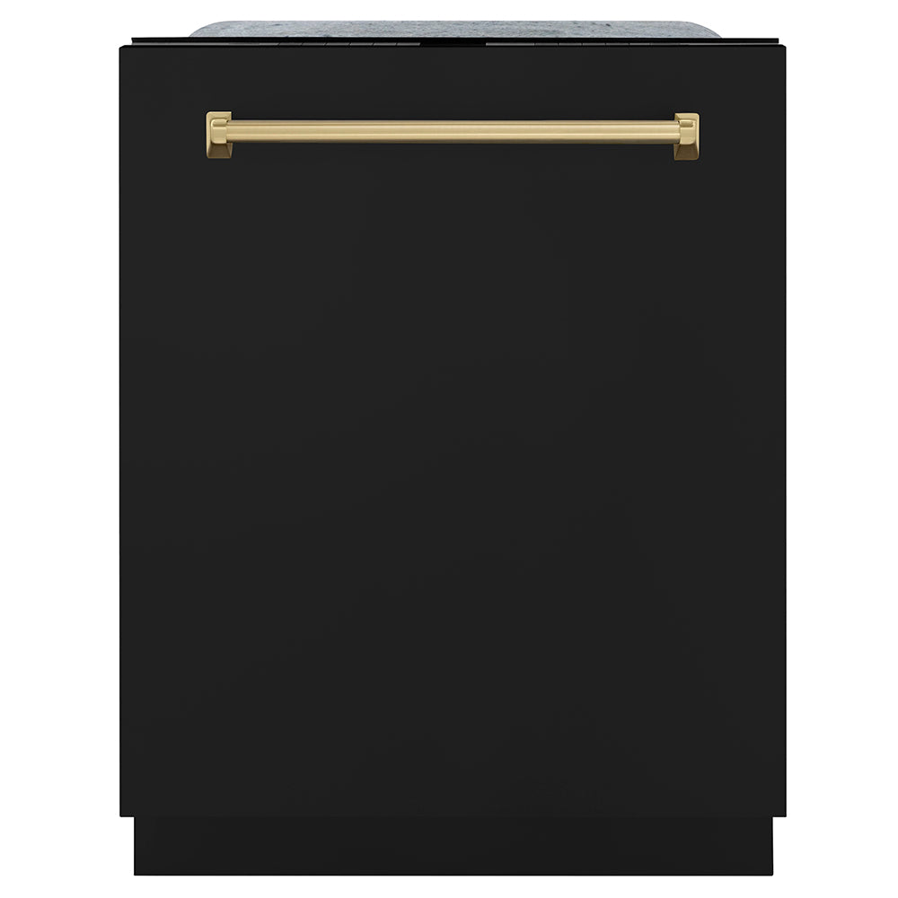 ZLINE Autograph Edition 24 in. Monument Series 3rd Rack Dishwasher with Auto Door Open Drying, 44dBa, Black Matte Panel with Champagne Bronze Handle (DWMTZ-BLM-24-CB) main image.