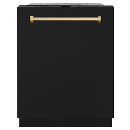 ZLINE Autograph Edition 24 in. Monument Series 3rd Rack Dishwasher with Auto Door Open Drying, 44dBa, Black Matte Panel with Champagne Bronze Handle (DWMTZ-BLM-24-CB) main image.