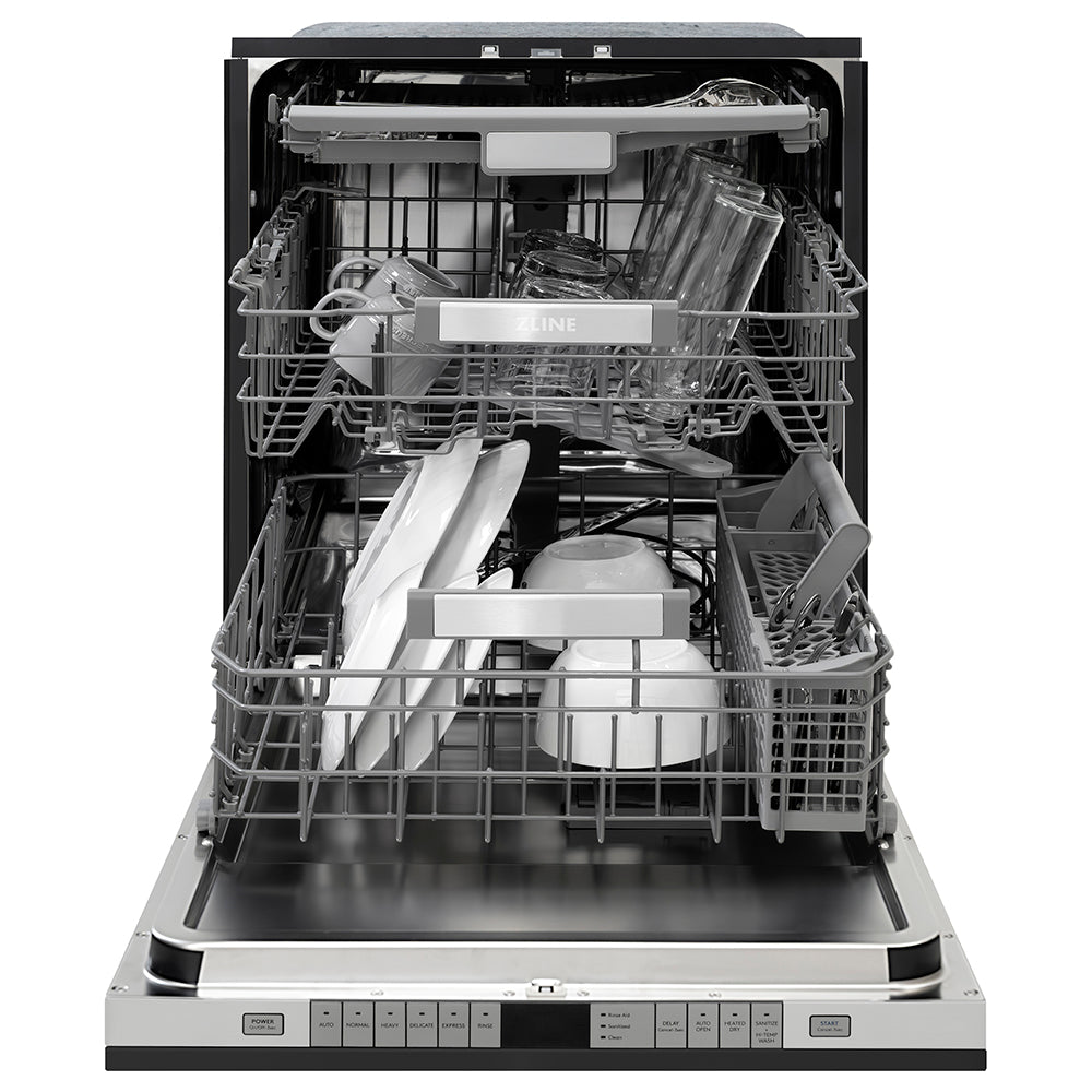ZLINE Autograph Edition 24 in. Monument Series 3rd Rack Dishwasher with Auto Door Open Drying, 44dBa, Black Matte Panel with Polished Gold Handle (DWMTZ-BLM-24-G) front, open, with dishes loaded inside.