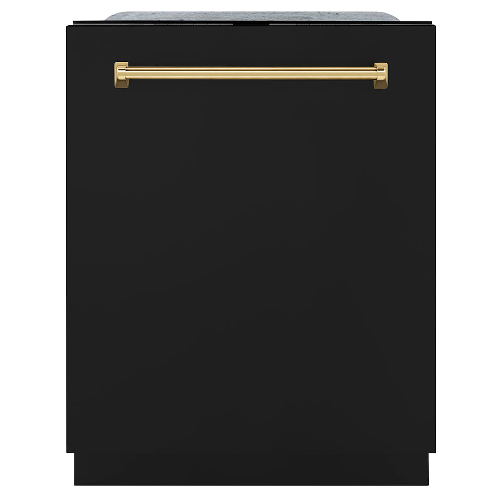 ZLINE Autograph Edition 24 in. Monument Series 3rd Rack Dishwasher with Auto Door Open Drying, 44dBa, Black Matte Panel with Polished Gold Handle (DWMTZ-BLM-24-G) main image.