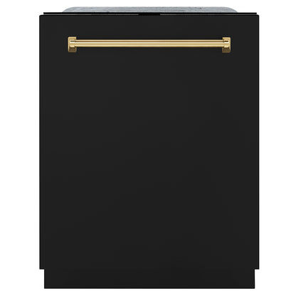 ZLINE Autograph Edition 24 in. Monument Series 3rd Rack Dishwasher with Auto Door Open Drying, 44dBa, Black Matte Panel with Polished Gold Handle (DWMTZ-BLM-24-G) main image.