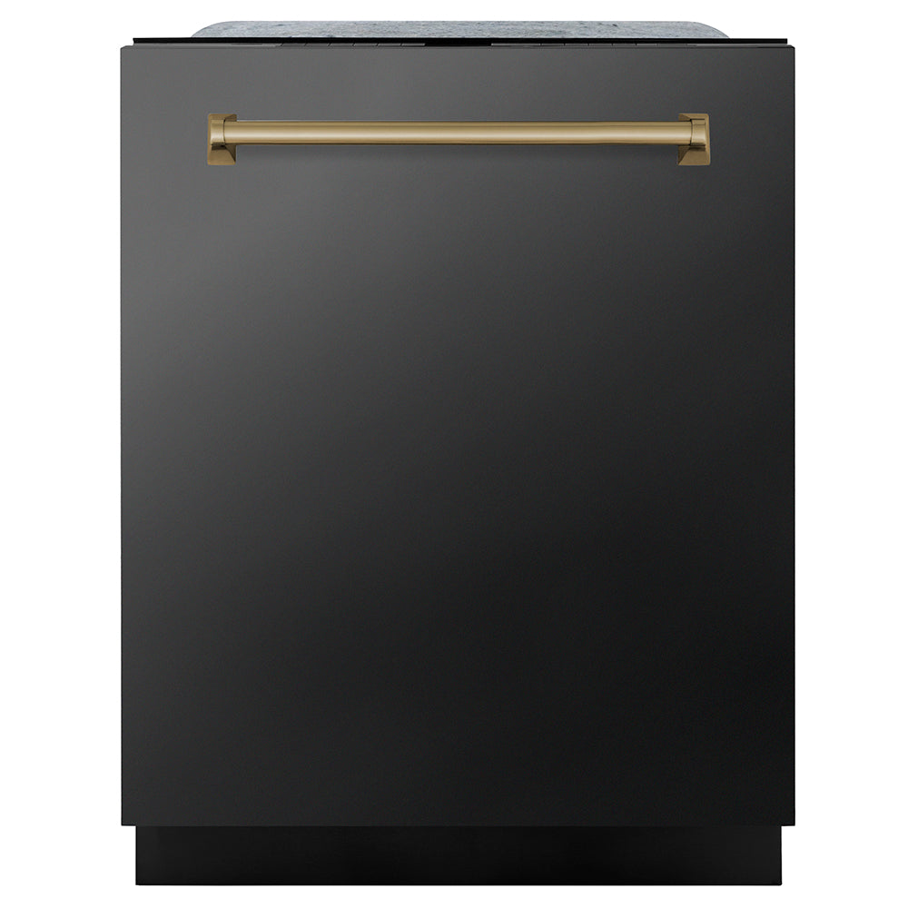 ZLINE Autograph Edition 24 in. Monument Series 3rd Rack Dishwasher with Auto Door Open Drying, 44dBa, Black Stainless Steel Panel with Champagne Bronze Handle (DWMTZ-BS-24-CB)