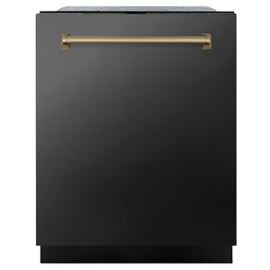 ZLINE Autograph Edition 24 in. Monument Series 3rd Rack Dishwasher with Auto Door Open Drying, 44dBa, Black Stainless Steel Panel with Champagne Bronze Handle (DWMTZ-BS-24-CB) main image.
