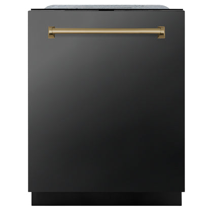 ZLINE Autograph Edition 24 in. Monument Series 3rd Rack Dishwasher with Auto Door Open Drying, 44dBa, Black Stainless Steel Panel with Champagne Bronze Handle (DWMTZ-BS-24-CB)