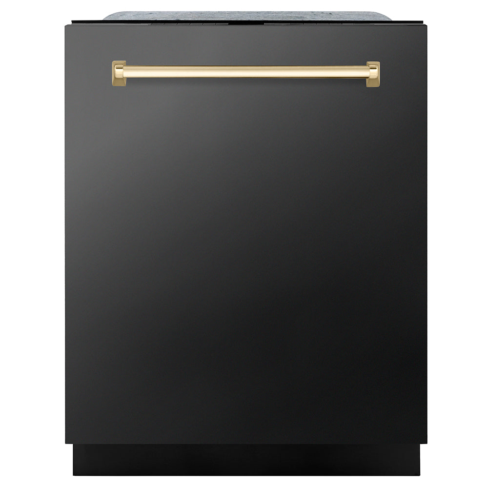 ZLINE Autograph Edition 24 in. Monument Series 3rd Rack Dishwasher with Auto Door Open Drying, 44dBa, Black Stainless Steel Panel with Polished Gold Handle (DWMTZ-BS-24-G) main image.
