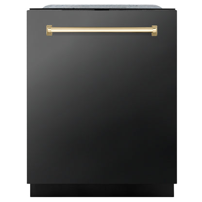 ZLINE Autograph Edition 24 in. Monument Series 3rd Rack Dishwasher with Auto Door Open Drying, 44dBa, Black Stainless Steel Panel with Polished Gold Handle (DWMTZ-BS-24-G)
