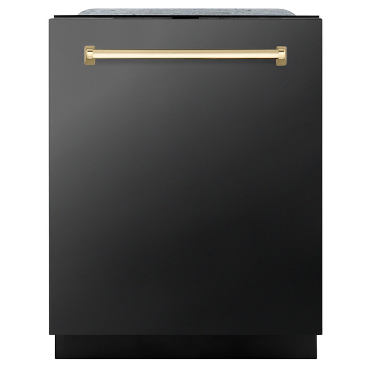 ZLINE Autograph Edition 24 in. Monument Series 3rd Rack Dishwasher with Auto Door Open Drying, 44dBa, Black Stainless Steel Panel with Polished Gold Handle (DWMTZ-BS-24-G)