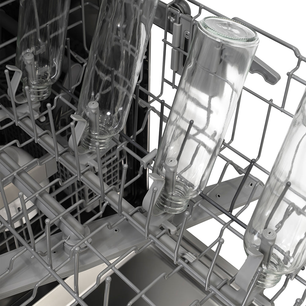 ZLINE Autograph Edition 24 in. Monument Series 3rd Rack Dishwasher with Auto Door Open Drying, 44dBa, Black Stainless Steel Panel with Champagne Bronze Helix Handle (DWMTZ-BS-24-KCB), close-up, open rack with glass bottles on bottle jets.