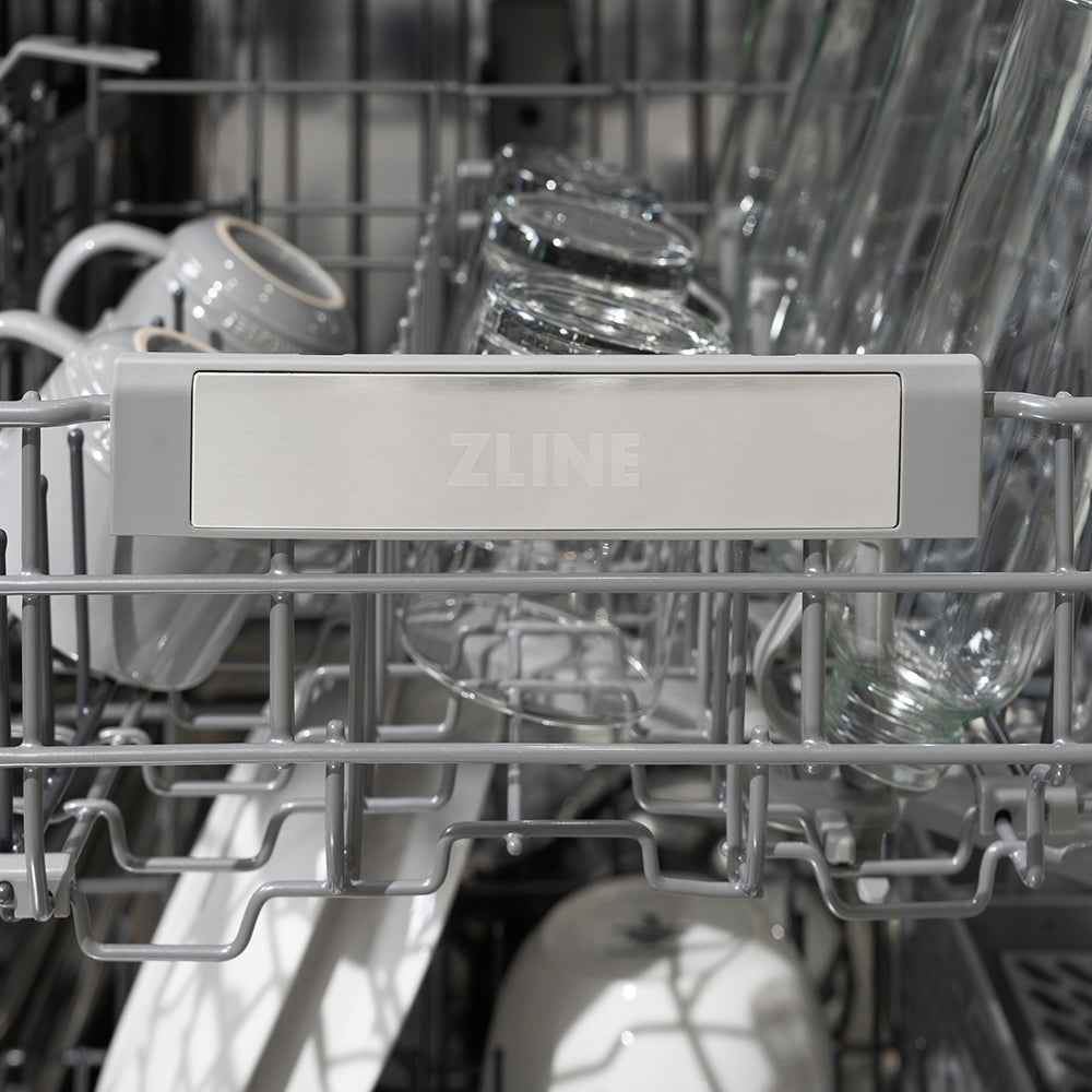 ZLINE Autograph Edition 24 in. Monument Series 3rd Rack Dishwasher with Auto Door Open Drying, 44dBa, Black Stainless Steel Panel with Champagne Bronze Helix Handle (DWMTZ-BS-24-KCB), close-up, logo on dish rack.