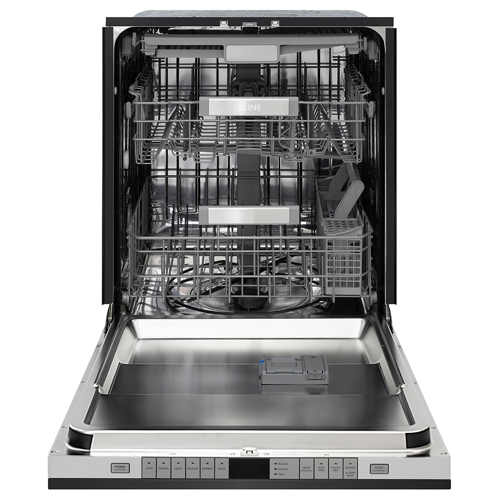 ZLINE Autograph Edition 24 in. Monument Series 3rd Rack Dishwasher with Auto Door Open Drying, 44dBa, Black Stainless Steel Panel with Champagne Bronze Helix Handle (DWMTZ-BS-24-KCB), front, open.