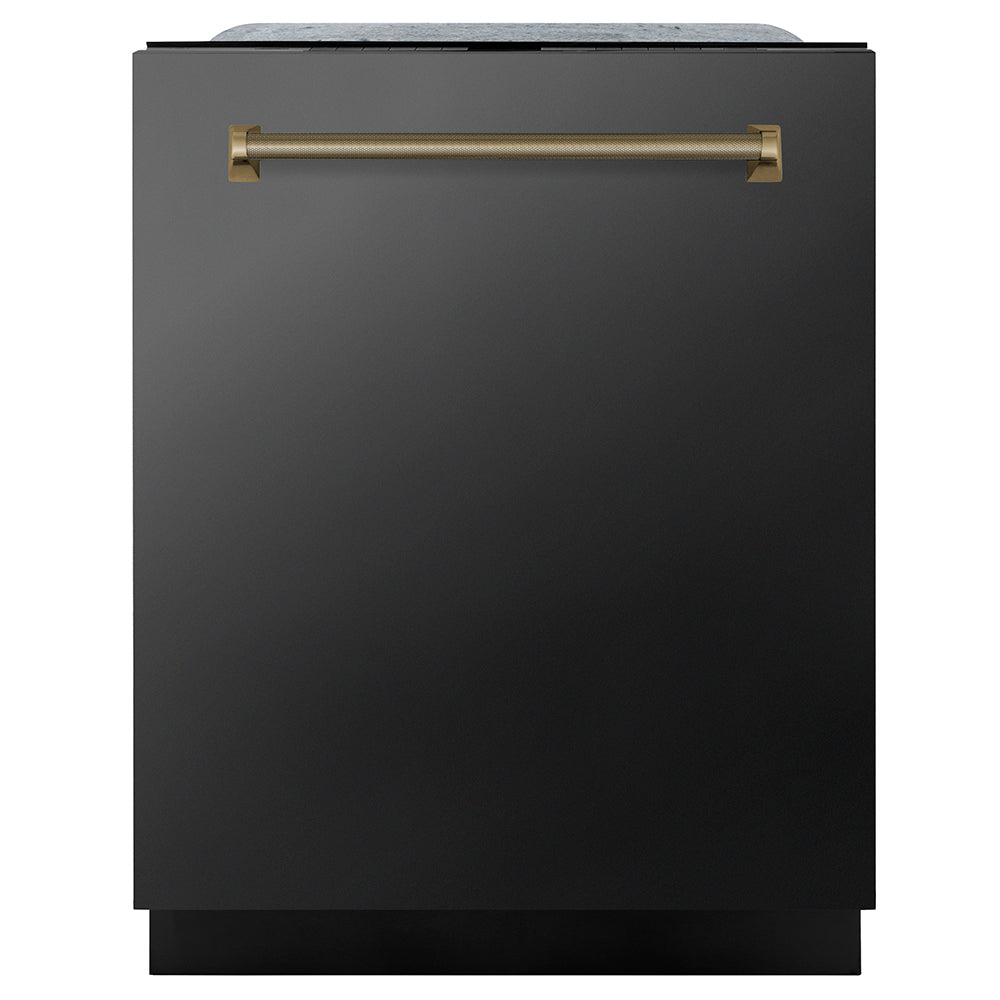 ZLINE Autograph Edition 24 in. Monument Series 3rd Rack Dishwasher with Auto Door Open Drying, 44dBa, Black Stainless Steel Panel with Champagne Bronze Helix Handle (DWMTZ-BS-24-KCB) main image.