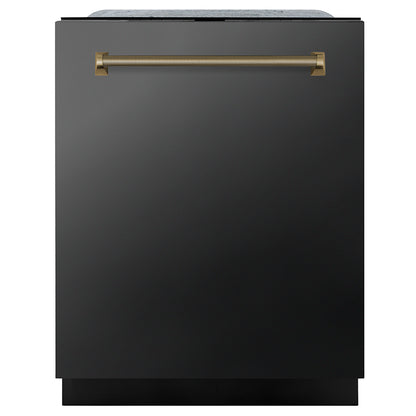 ZLINE Autograph Edition 24 in. Monument Series 3rd Rack Dishwasher with Auto Door Open Drying, 44dBa, Black Stainless Steel Panel with Champagne Bronze Helix Handle (DWMTZ-BS-24-KCB) main image.