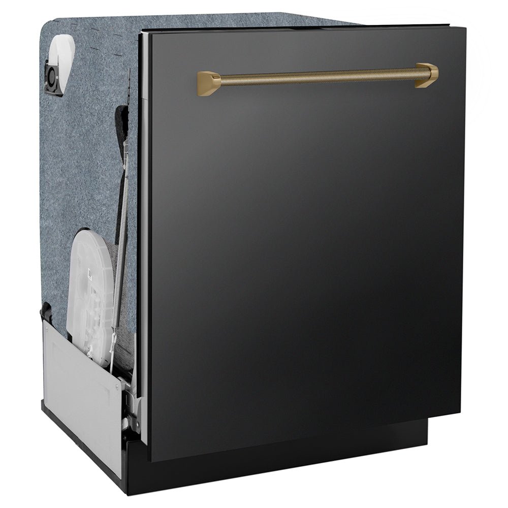 ZLINE Autograph Edition 24 in. Monument Series 3rd Rack Dishwasher with Auto Door Open Drying, 44dBa, Black Stainless Steel Panel with Champagne Bronze Helix Handle (DWMTZ-BS-24-KCB), side.