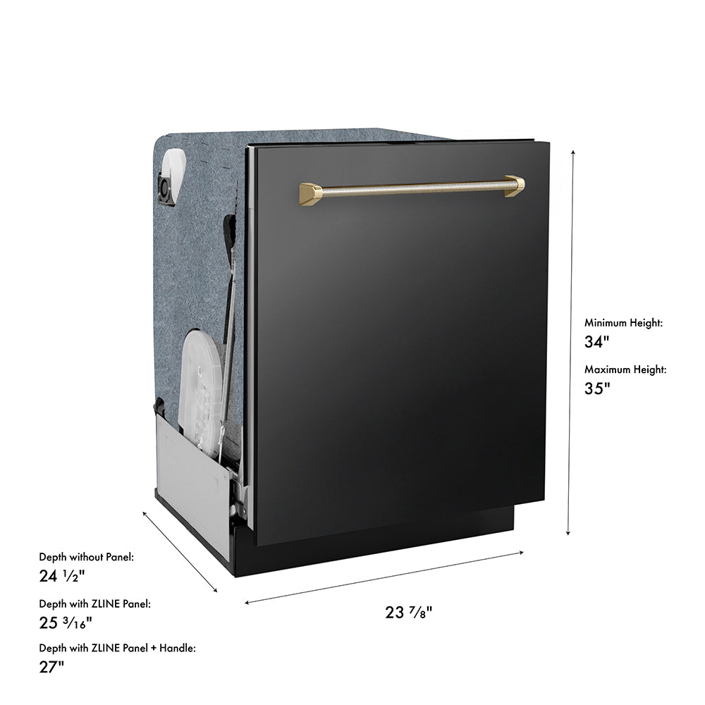 ZLINE Autograph Edition 24 in. Monument Series 3rd Rack Dishwasher with Auto Door Open Drying, 44dBa, Black Stainless Steel Panel with Polished Gold Helix Handle (DWMTZ-BS-24-KG) with dimensions labeled.