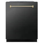 ZLINE Autograph Edition 24 in. Monument Series 3rd Rack Dishwasher with Auto Door Open Drying, 44dBa, Black Stainless Steel Panel with Polished Gold Helix Handle (DWMTZ-BS-24-KG) main image.