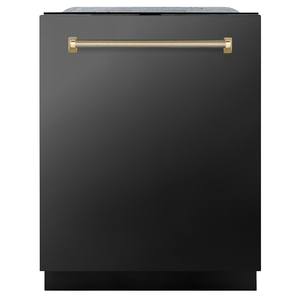 ZLINE Autograph Edition 24 in. Monument Series 3rd Rack Dishwasher with Auto Door Open Drying, 44dBa, Black Stainless Steel Panel with Polished Gold Helix Handle (DWMTZ-BS-24-KG) main image.