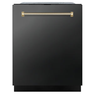 ZLINE Autograph Edition 24 in. Monument Series 3rd Rack Dishwasher with Auto Door Open Drying, 44dBa, Black Stainless Steel Panel with Polished Gold Helix Handle (DWMTZ-BS-24-KG) main image.