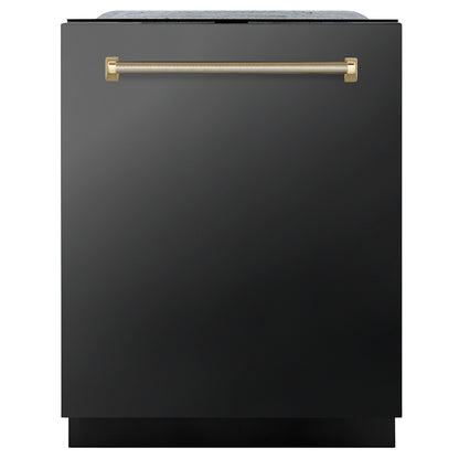 ZLINE Autograph Edition 24 in. Monument Series 3rd Rack Dishwasher with Auto Door Open Drying, 44dBa, Black Stainless Steel Panel with Polished Gold Helix Handle (DWMTZ-BS-24-KG) main image.