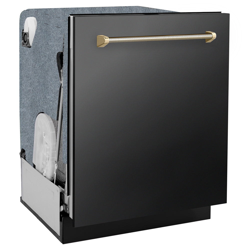ZLINE Autograph Edition 24 in. Monument Series 3rd Rack Dishwasher with Auto Door Open Drying, 44dBa, Black Stainless Steel Panel with Polished Gold Helix Handle (DWMTZ-BS-24-KG), side.