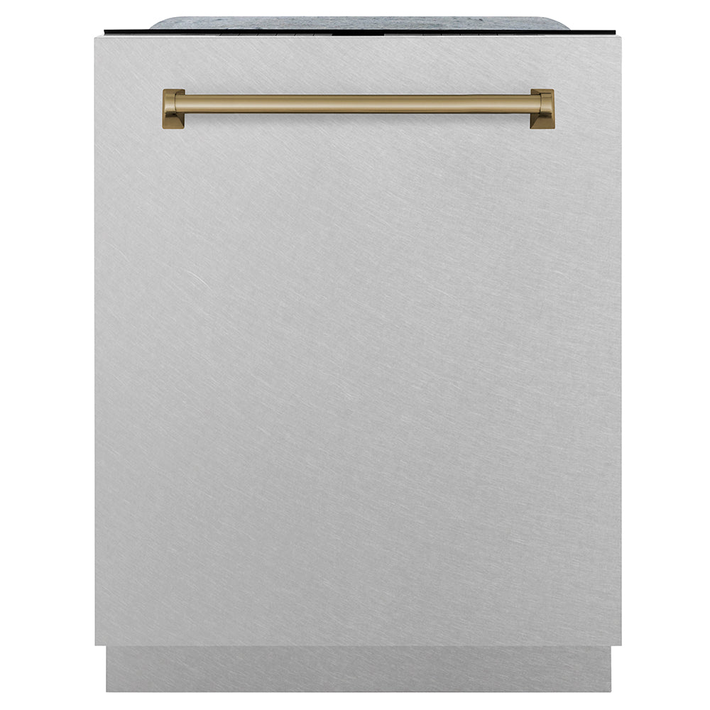ZLINE Autograph Edition 24 in. Monument Series 3rd Rack Dishwasher with Auto Door Open Drying, 44dBa, Satin Stainless Steel Panel with Champagne Bronze Handle (DWMTZ-SN-24-CB)