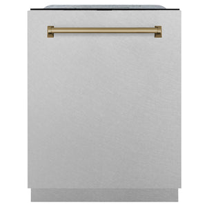 ZLINE Autograph Edition 24 in. Monument Series 3rd Rack Dishwasher with Auto Door Open Drying, 44dBa, Satin Stainless Steel Panel with Champagne Bronze Handle (DWMTZ-SN-24-CB) main image.