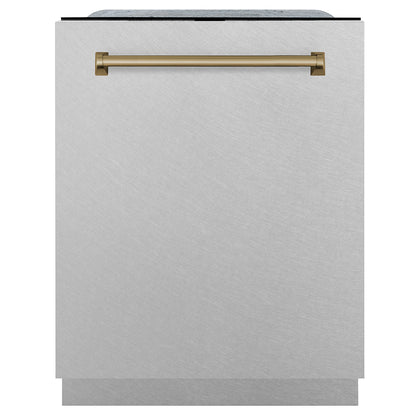 ZLINE Autograph Edition 24 in. Monument Series 3rd Rack Dishwasher with Auto Door Open Drying, 44dBa, Satin Stainless Steel Panel with Champagne Bronze Handle (DWMTZ-SN-24-CB)