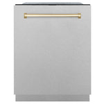 ZLINE Autograph Edition 24 in. Monument Series 3rd Rack Dishwasher with Auto Door Open Drying, 44dBa, Satin Stainless Steel Panel with Polished Gold Handle (DWMTZ-SN-24-G) main image.