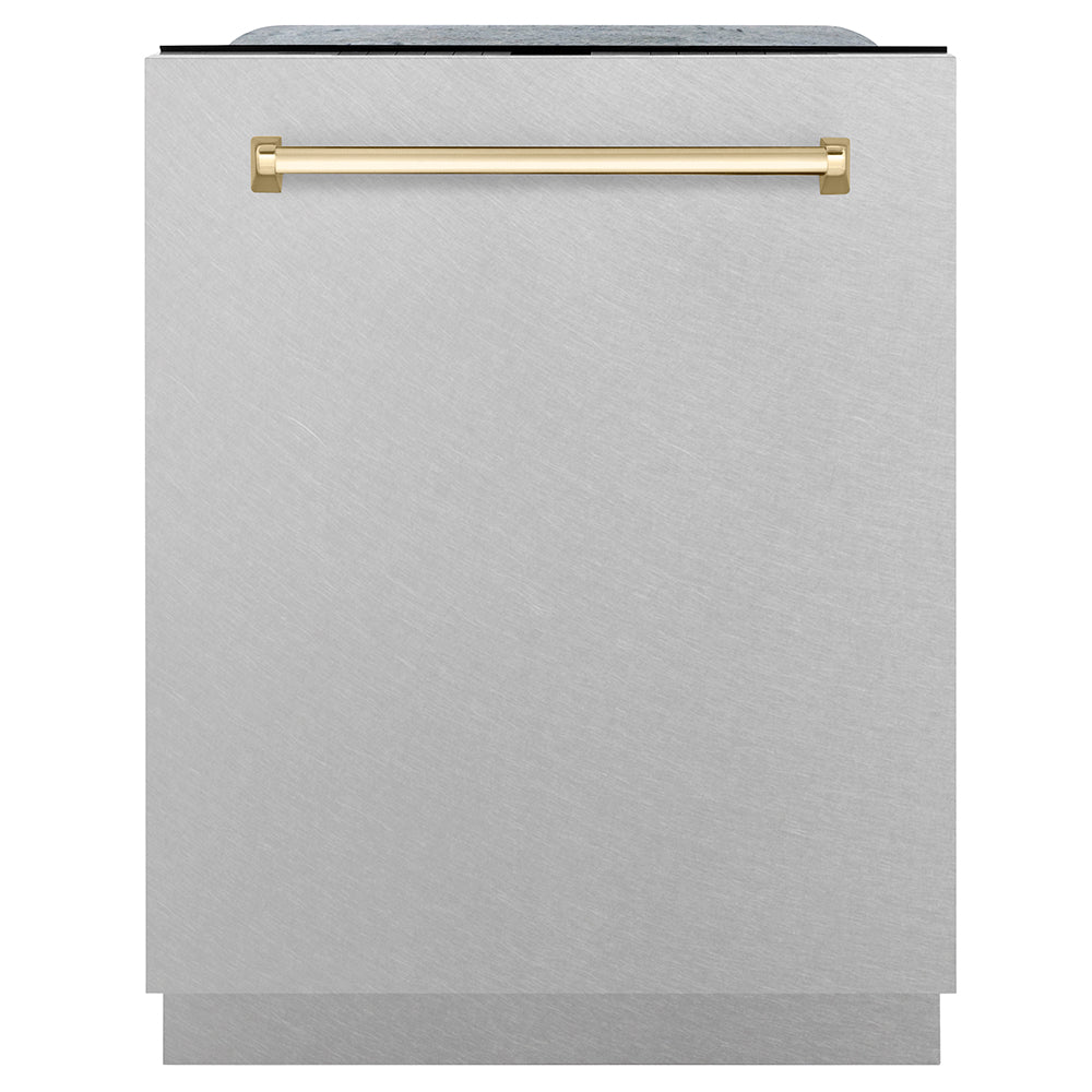 ZLINE Autograph Edition 24 in. Monument Series 3rd Rack Dishwasher with Auto Door Open Drying, 44dBa, Satin Stainless Steel Panel with Polished Gold Handle (DWMTZ-SN-24-G) main image.