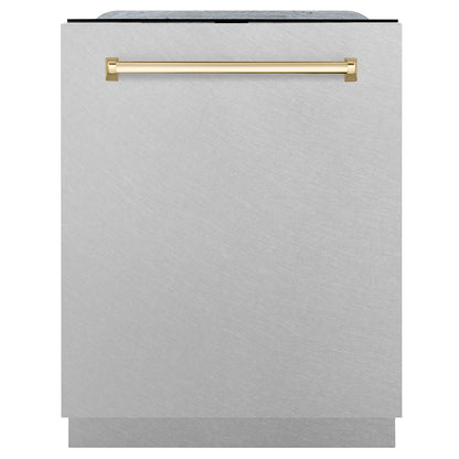 ZLINE Autograph Edition 24 in. Monument Series 3rd Rack Dishwasher with Auto Door Open Drying, 44dBa, Satin Stainless Steel Panel with Polished Gold Handle (DWMTZ-SN-24-G) main image.