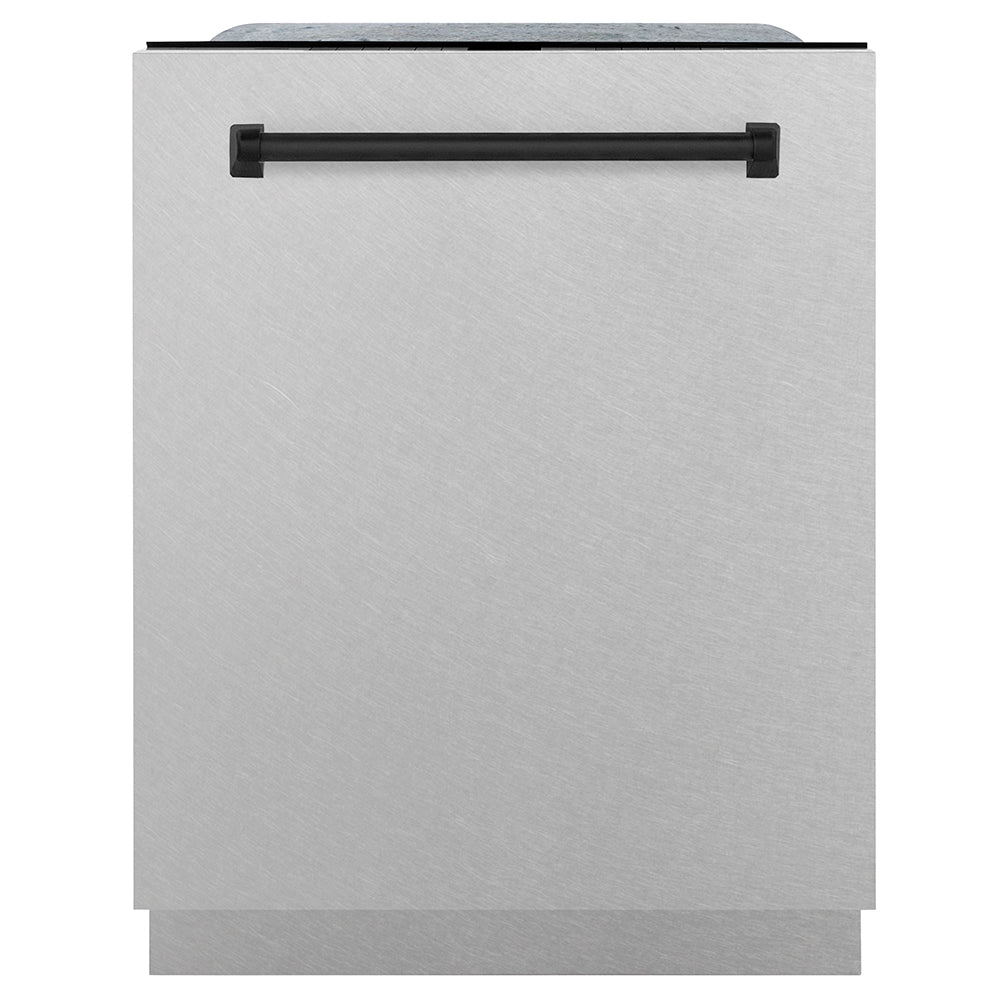 ZLINE Autograph Edition 24 in. Monument Series 3rd Rack Dishwasher with Auto Door Open Drying, 44dBa, Satin Stainless Steel Panel with Matte Black Handle (DWMTZ-SN-24-MB) main image.