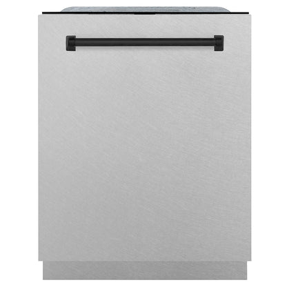 ZLINE Autograph Edition 24 in. Monument Series 3rd Rack Dishwasher with Auto Door Open Drying, 44dBa, Satin Stainless Steel Panel with Matte Black Handle (DWMTZ-SN-24-MB) main image.