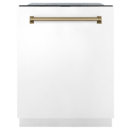 ZLINE Autograph Edition 24 in. Monument Series 3rd Rack Dishwasher with Auto Door Open Drying, 44dBa, White Matte Panel with Champagne Bronze Handle (DWMTZ-WM-24-CB)