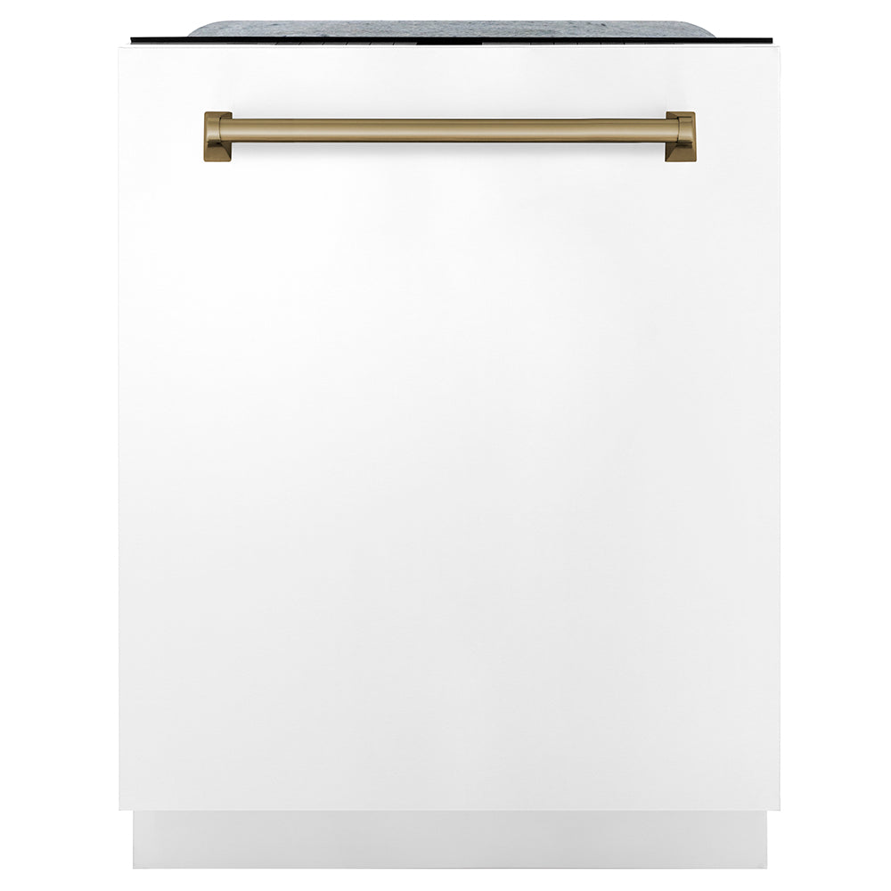 ZLINE Autograph Edition 30 in. Kitchen Package with Stainless Steel Dual Fuel Range with White Matte Door, Range Hood and Dishwasher with Champagne Bronze Accents (3AKP-RAWMRHDWM30-CB)