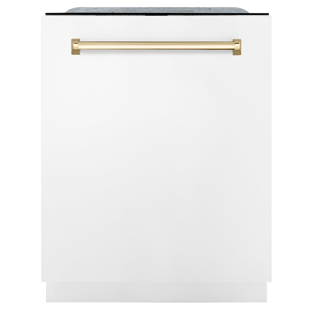 ZLINE Autograph Edition 30 in. Kitchen Package with Stainless Steel Dual Fuel Range with White Matte Door, Range Hood and Dishwasher with Polished Gold Accents (3AKP-RAWMRHDWM30-G)
