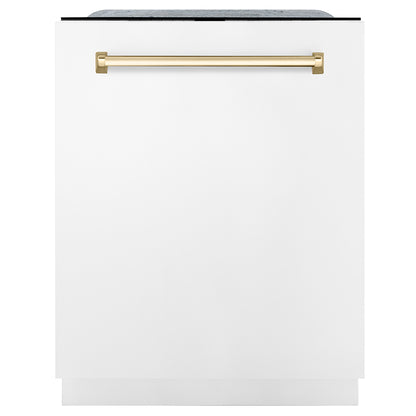 ZLINE Autograph Edition 24 in. Monument Series 3rd Rack Dishwasher with Auto Door Open Drying, 44dBa, White Matte Panel with Polished Gold Handle (DWMTZ-WM-24-G)