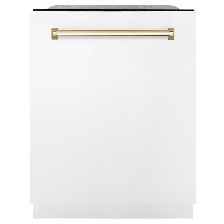 ZLINE Autograph Edition 24 in. Monument Series 3rd Rack Dishwasher with Auto Door Open Drying, 44dBa, White Matte Panel with Polished Gold Handle (DWMTZ-WM-24-G)