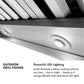Outdoor Grill Hood Infographic. Text: Powerful LED lighting. Easily illuminate outdoor cooking surfaces any time, day or night, thanks to 4 energy-efficient multi-directional LED lights.