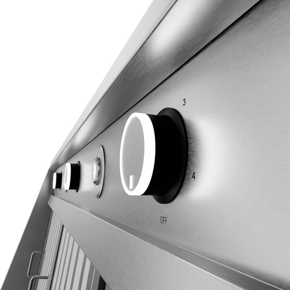 ZLINE Island Mount Outdoor Grill Hood with Size Options (GOi1) close-up detail, professional-style knobs.