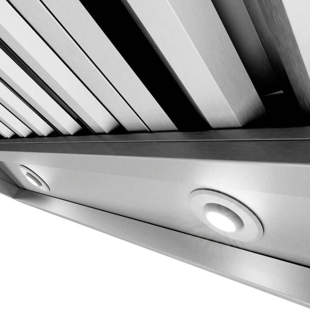 ZLINE Island Mount Outdoor Grill Hood with Size Options (GOi1) close-up detail, built-in lighting.