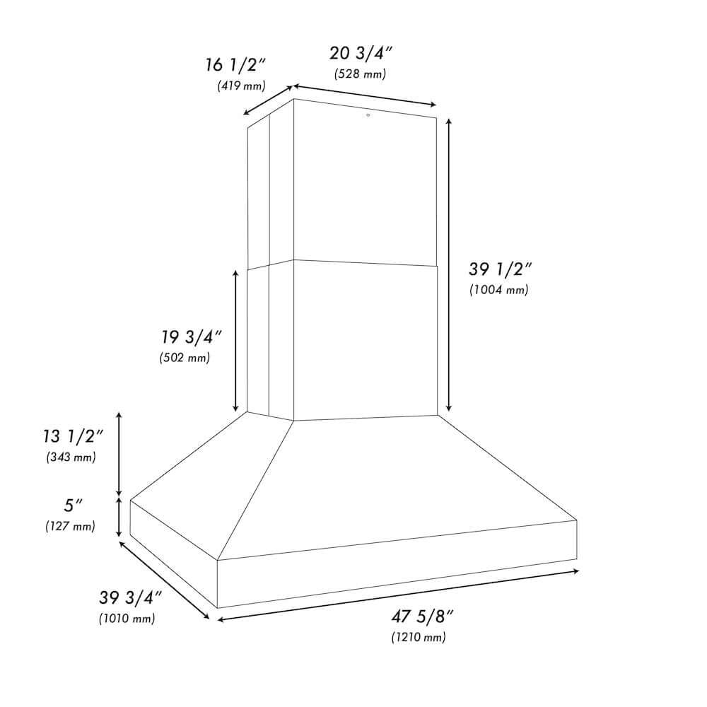 ZLINE Island Mount Outdoor Grill Hood with Size Options (GOi1) dimensional diagram.