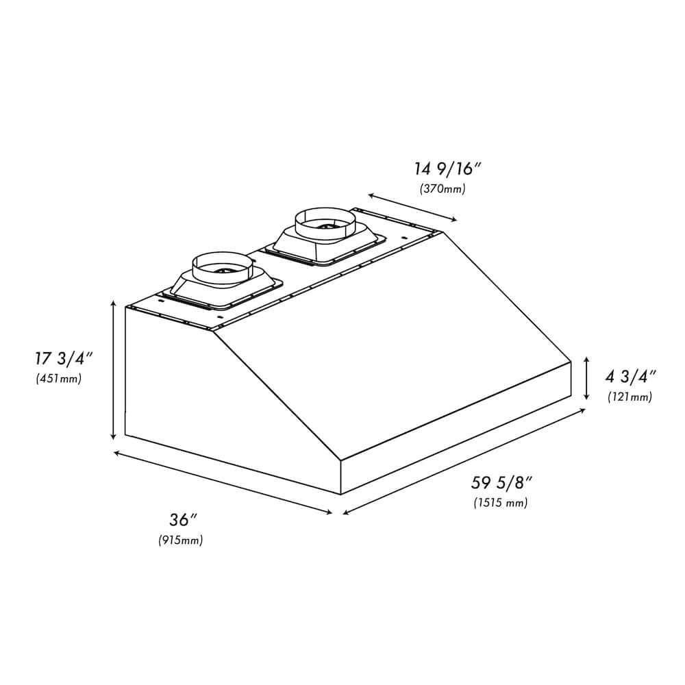 ZLINE Under Cabinet Outdoor Grill Hood with Size Options (GOU1) dimensional diagram.