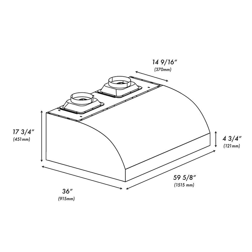 ZLINE Under Cabinet Outdoor Grill Hood with Size Options (GOU2) dimensional diagram.