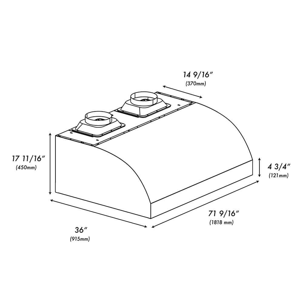 ZLINE Under Cabinet Outdoor Grill Hood with Size Options (GOU2) dimensional diagram.